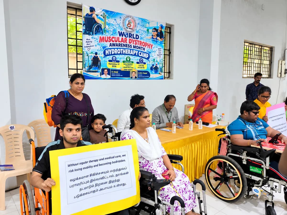 The awareness banner and registration desk at the hydrotherapy camp